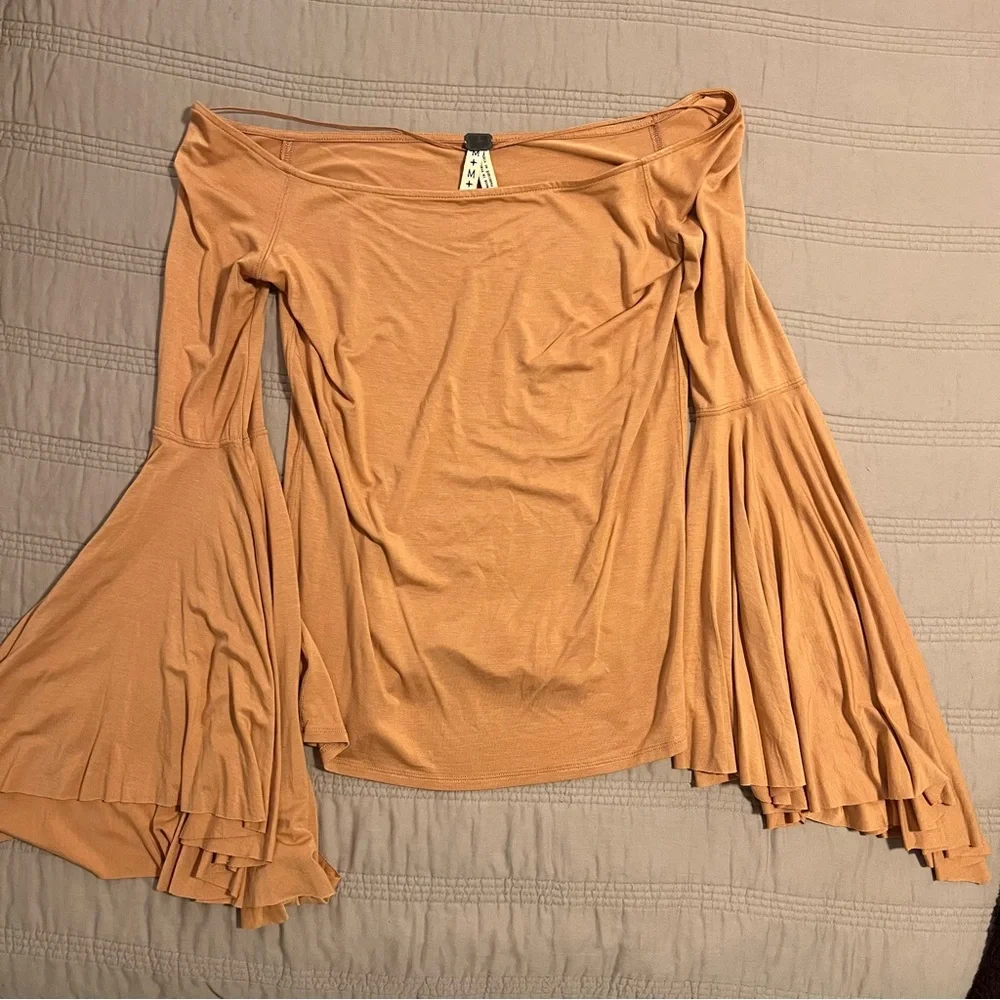 We The Free Tan Off-Shoulder Top bell Sleeves Birds of Paradise - Picture 2 of 8